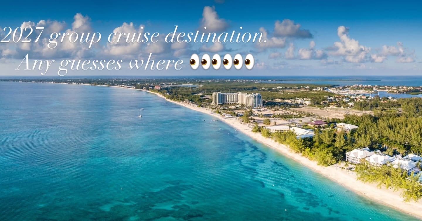 Aerial view of a turquoise Caribbean coastline — our 2027 group cruise destination